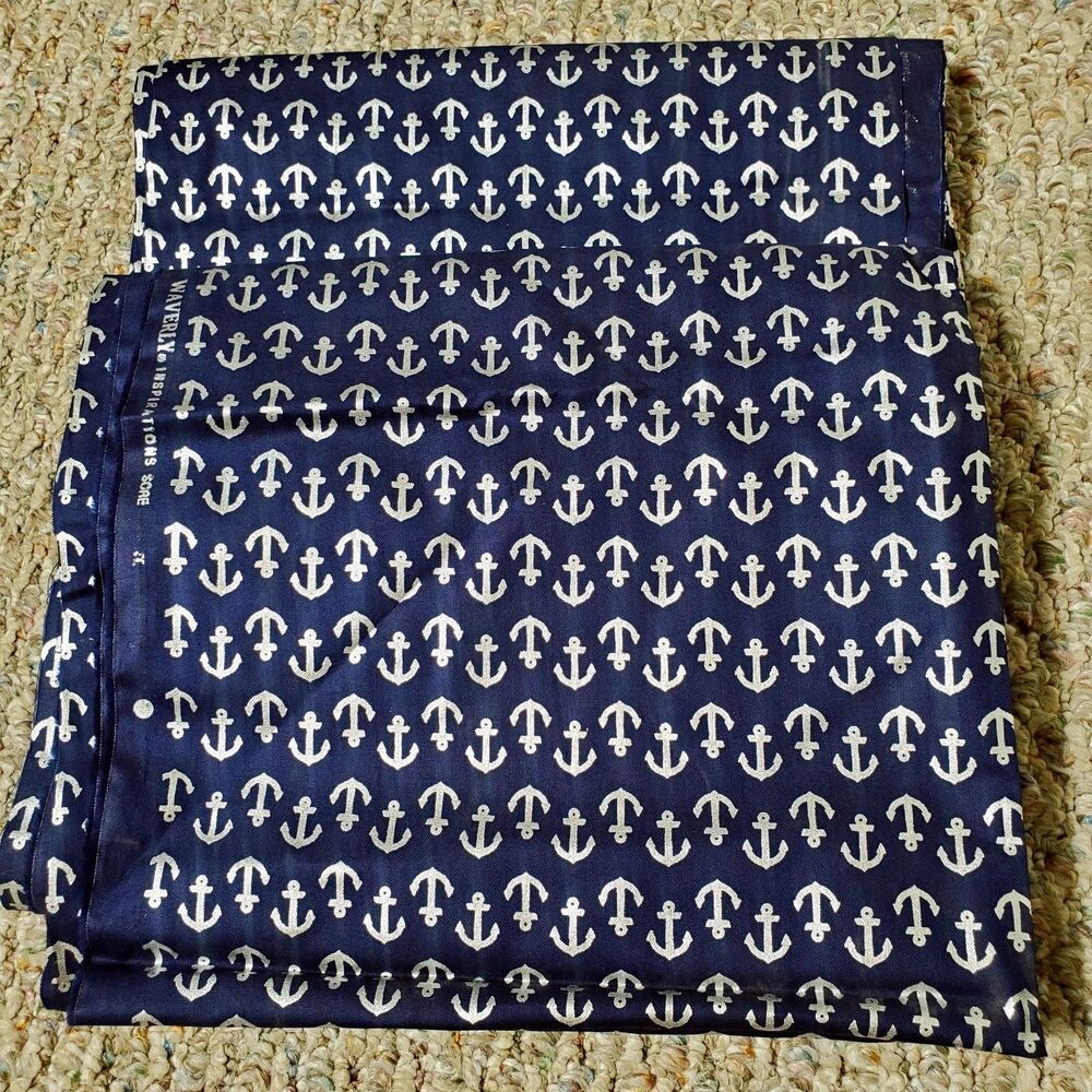 Lot Of 2 Waverly Inspirations Navy Blue Fabric Remants Silver Anchors 73" X 22"